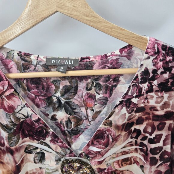 Roz and Ali Multipattern Boho Embroidered Beaded 3/4 Sleeves Shirt Size XL - Picture 3 of 15